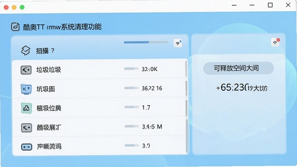 酷奥TT系统清理功能界面，显示扫描出的垃圾文件分类列表和可释放空间大小，背景为清爽的浅蓝色调