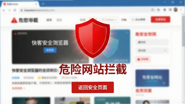 快客安全浏览器安全拦截警告页面示意图，画面中央显示醒目的红色盾牌图标与“危险网站拦截”文字，下方有“返回安全页面”按钮，背景为模糊处理的网页元素，整体风格警示感强