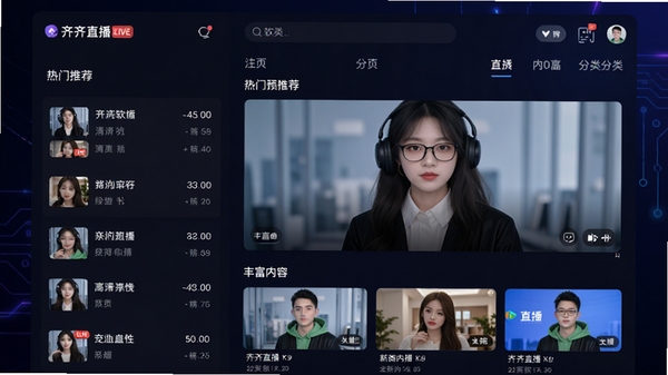 齐齐直播软件主界面预览图，展示清爽的直播列表、热门推荐位和分类导航栏，背景为深色科技感渐变，界面元素清晰，整体风格现代简洁，凸显高清直播画质与丰富内容分区，适用于软件介绍页首图