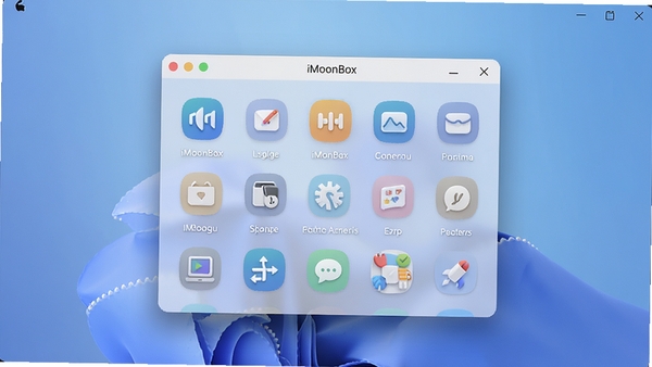 iMoonBox软件主界面预览图，展示其简洁的桌面工具箱布局，背景为柔和的渐变蓝色，前景中央显示iMoonBox的功能图标网格，整体风格现代且清爽，适合Boogu模型生成高清产品展示图。