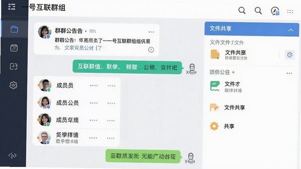 一号互联群组聊天界面,展示群公告、成员列表和文件共享区域,界面清晰,现代商务风格