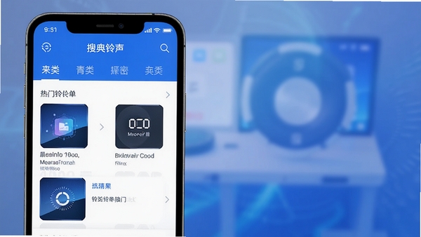 来电经典铃声APP的搜索界面截图，屏幕显示分类导航栏和热门铃声榜单，背景虚化处理，突出前景的手机屏幕内容，画面采用蓝白主色调，简洁清晰，富有科技感