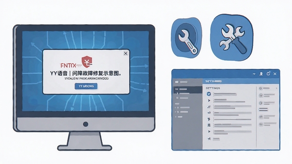 YY语音故障修复示意图，电脑屏幕显示错误提示框，旁边有修复工具图标和设置界面，色调以蓝色和灰色为主，突出解决问题的方法