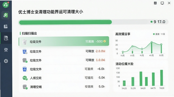 优化博士垃圾清理功能运行界面,显示扫描出的各类垃圾文件列表与可释放空间大小,背景为清爽的绿色进度条与数据图表,强调高效、安全、直观的清理体验