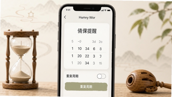 展示静序念经的定课提醒设置界面,手机屏幕显示时间选择器与重复周期选项,背景为简约的禅意风格,有沙漏、木鱼等小元素点缀,界面清晰直观,突出功能实用性与人性化设计。