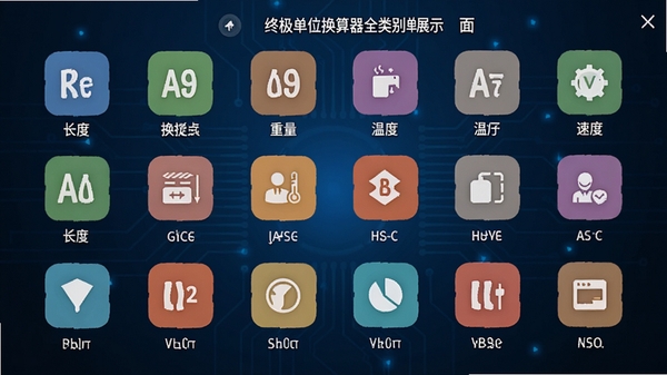 终极单位换算器全类别单位展示界面,画面中央显示长度、重量、温度、速度等彩色分类图标矩阵,每个图标下方有对应单位名称,背景为深蓝色科技感渐变,整体视觉层次丰富,UI设计扁平化风格