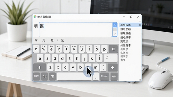 鼠标打字(高级版)主界面预览图,展示虚拟键盘布局与鼠标指针悬停效果,背景为现代简约办公桌面,色彩明亮清晰,软件窗口居中显示,突出输入框和候选词列表,整体风格专业且友好。