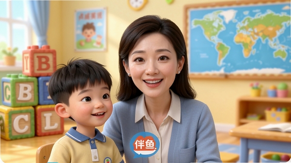 伴鱼卓越英语主界面预览图，画面中央是一位亲切的外教老师正与一名中国小学生进行视频互动，背景是色彩明亮的卡通教室，带有字母积木和世界地图，画面风格温馨活泼，高清渲染，突出在线教学的沉浸感