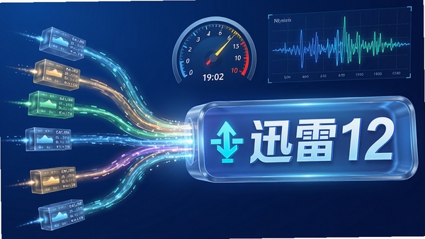 迅雷12加速引擎工作示意图，画面中展示多条数据流汇聚到高速下载通道，背景有速度仪表盘和网络波形图，风格明亮清晰，突出“迅雷12”字样