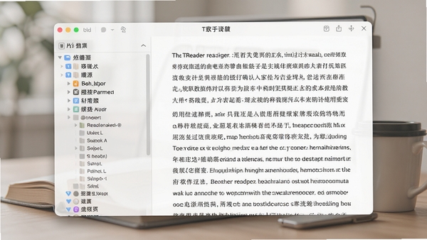 一款名为TReader阅读器的桌面端软件界面,展示其打开一本电子书后的主窗口,左侧为书籍目录树,右侧为文字排版清晰的阅读区域,界面采用浅色调极简设计,背景虚化,整体氛围安静舒适,适合长时间阅读,高清渲染,产品展示风格