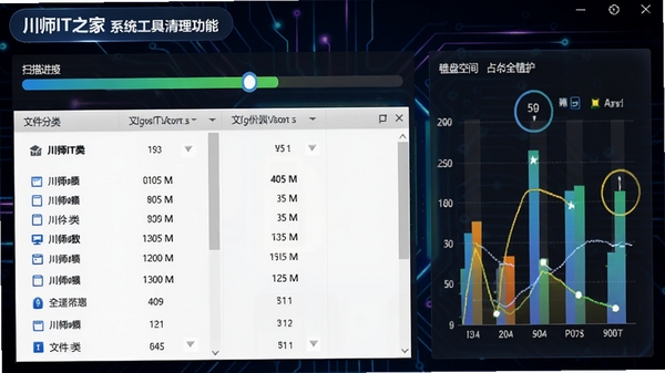 川师IT之家系统优化工具清理功能运行画面,界面显示扫描进度条与文件分类列表,磁盘空间占用图表清晰可见,背景为深色科技感风格,软件名称悬浮于界面左上角,画面细节丰富,色彩明亮