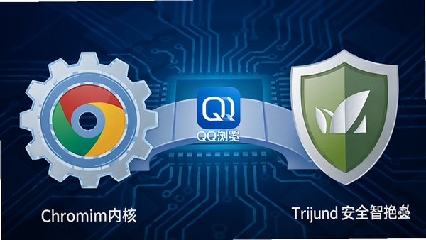 QQ浏览器双核智能切换示意图，画面左侧是高速齿轮代表Chromium内核，右侧是盾牌代表Trident安全内核，中间通过QQ浏览器的logo桥梁连接，背景为抽象的电路板线条，科技蓝为主色调