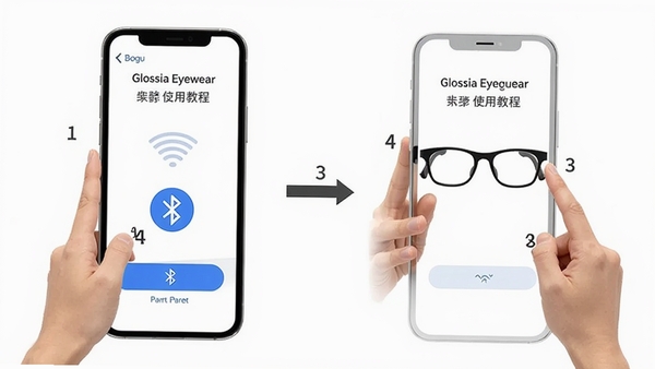 Glossia Eyewear应用使用教程示意图,展示手机连接眼镜的步骤,界面包含蓝牙图标、配对按钮,背景为干净的白色,步骤指示清晰,人物手势指引,适配Boogu模型生成