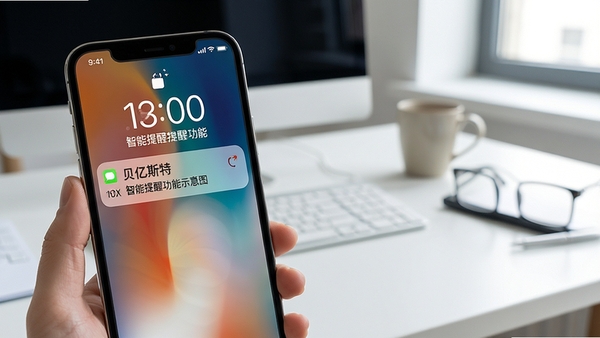 贝亿斯特智能提醒功能示意图，画面为手机收到日程提醒通知的锁屏界面，背景是整洁的办公桌面，突出时间管理与备忘的实用性。