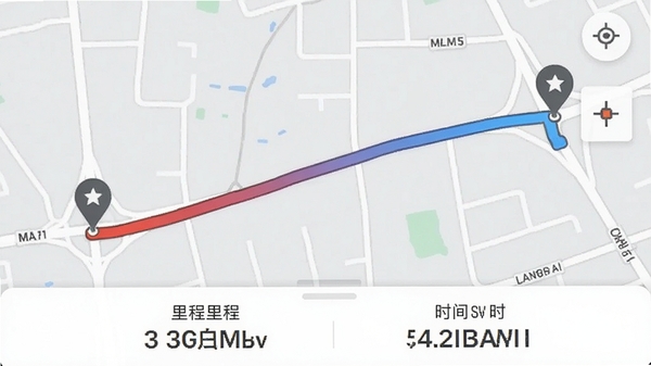 一张俯视角度的手机截图，展示里程管家APP中的地图轨迹回放功能，地图上有一条清晰的红蓝色渐变色行驶路线，起点和终点有标记点，界面下方显示里程数和时长数据，背景为浅灰色地图，整体风格干净直观