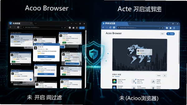 阿库浏览器(Acoo Browser)广告拦截效果对比图,左侧为未开启过滤时页面布满弹窗广告的杂乱场景,右侧为开启过滤后页面干净整洁的对比画面,背景为深色科技感线条,突出安全防护主题