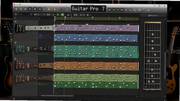 Guitar Pro 7 软件主界面预览图，展示多音轨编辑界面与吉他指板对照，背景为深色工作室风格，界面元素清晰，整体画面专业且富有音乐氛围
