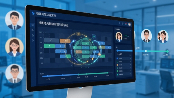 排班时光自动排班功能演示，屏幕上显示算法正在生成班次的动画效果，背景有员工头像与时间轴，整体色调明快，突出智能和高效的感觉