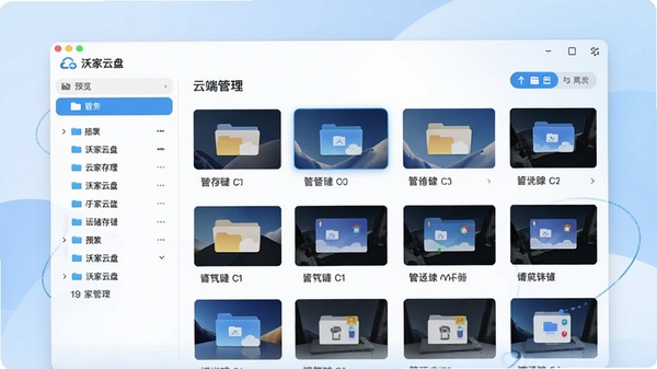 沃家云盘主界面预览图，展示其简洁的云存储管理界面，左侧为文件夹列表，右侧为文件展示区域，背景为淡蓝色渐变，整体风格现代且清爽，突出云端存储与文件同步的核心功能