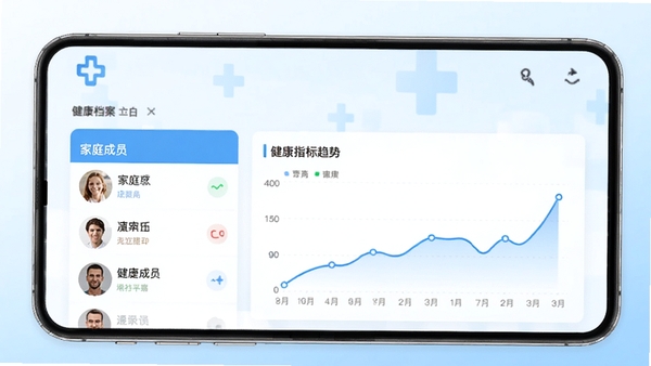 大白数字家医APP的健康档案管理界面截图，屏幕上显示家庭成员列表和各项健康指标的趋势曲线图，背景为简约的医疗十字标志和淡蓝色渐变底色，数据图表线条清晰，色彩以蓝白为主，体现专业医疗感