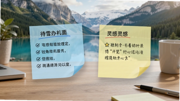 千雪桌面便签功能场景图，桌面上显示两张彩色便签，一张记录待办事项，一张记录灵感，便签半透明效果，背景为自然风景壁纸，整体氛围轻松实用