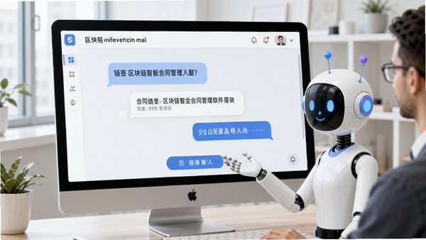 链签-区块链智能合同管理软件用户问答界面，屏幕上一个虚拟助手正在解答关于合同安全与导入的问题，背景是简洁的办公桌面，界面采用浅色主题，对话气泡与操作按钮清晰可见，整体氛围轻松且专业