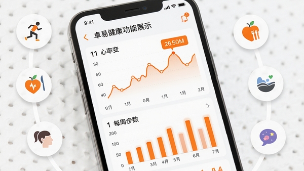 卓易健康功能展示图,智能手机界面显示详细的健康数据图表,包含折线图展示心率变化,柱状图对比每周步数,界面采用白色背景配以橙色高亮数据,屏幕周围有运动、饮食、睡眠等小图标环绕,整体画面明亮清晰,突出数据可视化效果