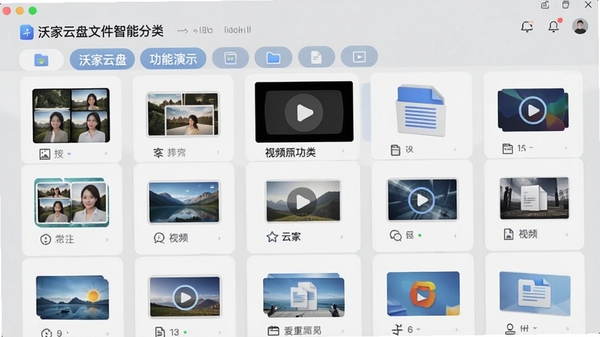 沃家云盘文件智能分类功能演示，界面上展示图片、视频、文档等分类标签，文件卡片排列整齐，配有缩略图，背景为浅灰色，突出文件管理的条理性和便捷性