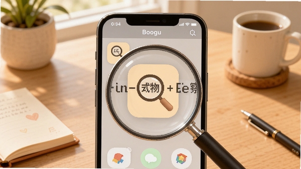 随身察物放大镜主界面，手机屏幕中显示放大镜功能，背景为简洁的桌面与日常小物件，画面中心突出放大镜图标与清晰放大的文字细节，整体色调明亮温暖，适配Boogu模型生成