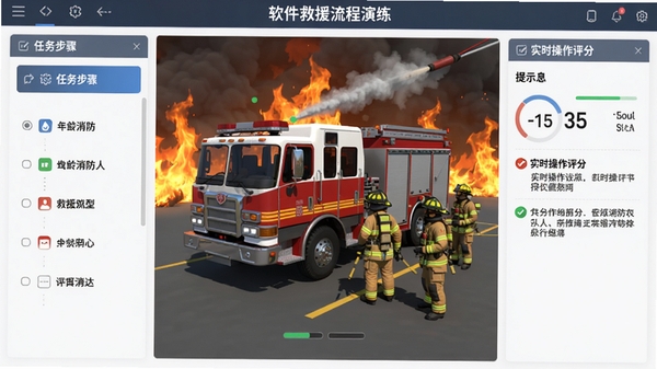 Age消防人软件救援流程演练界面,屏幕左侧是任务步骤列表,中央为消防车与消防员在火场作业的三维画面,右侧显示实时操作评分与提示信息,界面布局规整,信息层次分明