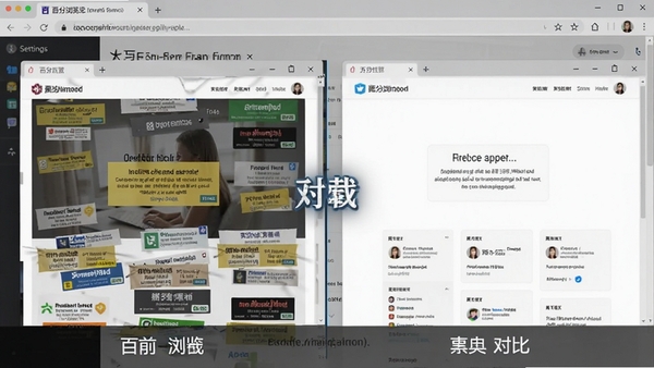 百分浏览器广告拦截功能示意图,展示网页中广告被屏蔽前后的对比效果,左半部分为杂乱广告页面,右半部分为清爽纯净的页面,背景为浏览器设置界面,突出其高效过滤能力
