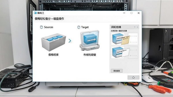 傲梅轻松备份磁盘克隆操作界面,显示源磁盘与目标磁盘的对应关系,包含分区布局调整选项,背景为硬件安装场景,强调数据迁移的便捷性