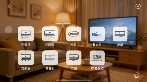 手机连接空调万能遥控的空调品牌匹配界面截图，屏幕显示多个空调品牌图标，每个图标下方标注品牌名称，背景为暖色调家居场景，突出软件兼容性广泛，操作界面简洁直观