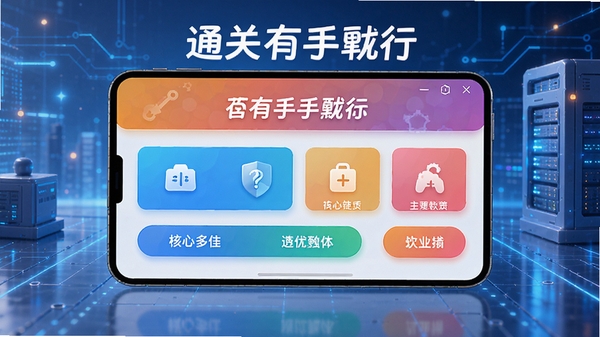 通关有手就行软件主界面预览图，展示其简洁的操作面板和主要功能按钮，背景为现代科技感风格，色彩明亮，突出软件名称和核心功能模块，整体画面清晰、层次分明，适合作为软件介绍首图。