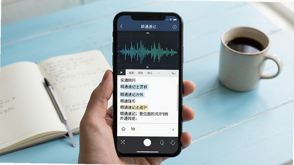 明通速记主界面预览,手机屏幕显示语音波形图与实时转写文字,背景为简洁的浅蓝色工作台,桌上摆放笔记本和咖啡杯,整体风格明亮清晰,突出高效办公场景