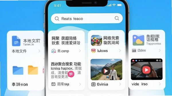 寻秘软件的智能聚合搜索功能演示图，手机屏幕显示统一搜索框，下方以卡片形式分类展示本地文件、网络新闻、图片和视频的搜索结果，界面清晰有序，色彩明快