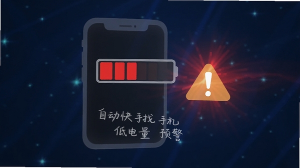 自动快找手机低电量预警界面，手机图标显示红色电量条，旁边有警告感叹号，背景为深蓝色，搭配闪烁的光效，强调预警紧迫感