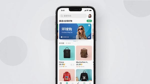 环球购软件主界面预览图,展示首页精选全球好物的瀑布流布局,画面中央是一部智能手机,屏幕内显示环球购APP的首页,包含搜索栏、轮播图以及各类商品卡片,背景为淡雅的浅灰色,营造出简洁时尚的购物氛围,商品图片清晰,色彩鲜明。