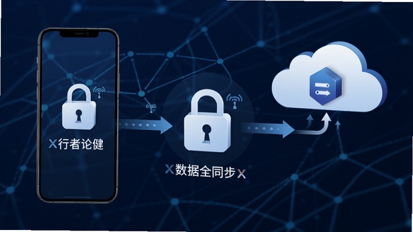 行者论健X数据同步功能概念图，展示手机与云端服务器之间的数据流转示意，画面包含锁形图标表示安全加密，背景为抽象的科技网络线条，色调以深蓝和白色为主