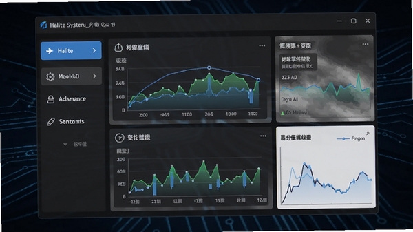 Halite系统优化工具软件界面预览图，展示其主窗口简洁布局与核心功能按钮，背景为深色科技感风格，突出性能监控数据图表。