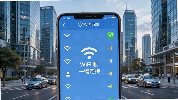 WiFi万顺钥匙主界面截图,展示附近WiFi列表信号强度图标,背景为现代城市街景,画面清晰明亮,突出软件一键连接的核心功能,整体风格简洁直观,适合应用商店展示图