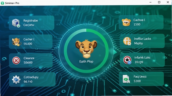 Simba+ Pro软件正在执行系统体检的界面，中央显示圆形健康评分图，周围环绕着各类待清理项目的图标与数量，如注册表、缓存文件、无效链接等，界面配色以蓝绿渐变为主，代表安全与清洁，背景为科技感电路板纹理