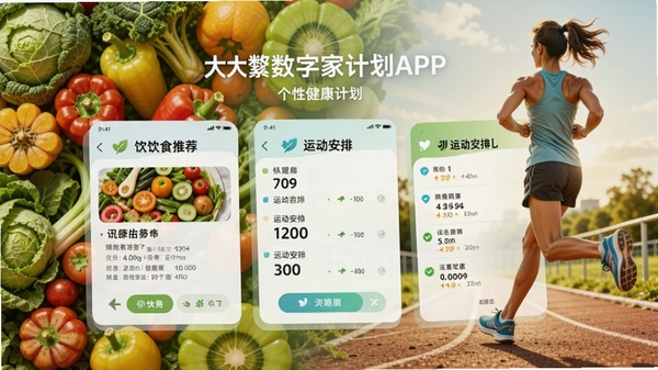 大白数字家医APP的个性化健康计划界面，展示一周的饮食推荐和运动安排，以卡片形式呈现，背景为新鲜的蔬菜水果和跑步运动场景，色彩鲜艳，整体风格积极向上，突出健康生活方式