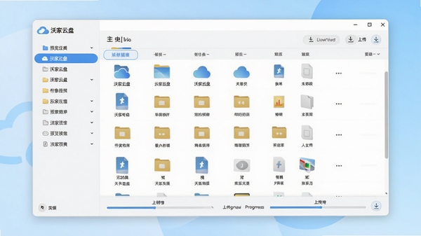 沃家云盘主界面预览图，展示软件在电脑桌面上的运行效果，左侧文件分类导航栏，右侧文件列表与上传下载进度条，整体界面清爽简洁，背景为淡蓝色渐变，突出云端存储主题，文件图标清晰可辨