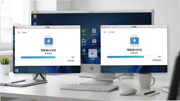 零距离KX伴侣文件传输功能截图,展示拖拽文件到远程桌面的操作界面,两侧窗口清晰显示文件传输进度条,背景为整洁的办公桌,光线明亮,突出高效办公场景