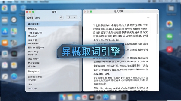 专业屏幕取词引擎主界面截图，左侧为取词结果面板，右侧为原文对照区，背景为模糊化的桌面环境，整体风格简洁明快，软件名称浮于界面中央，高清渲染，科技感与实用性兼具