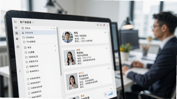 忠仕商务通客户信息管理界面特写,展示详细的分组列表与联系人资料卡片,卡片上显示姓名、电话、公司职位等字段,背景为模糊处理的办公场景