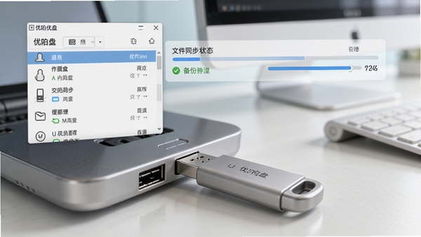 优久优盘客户端主界面预览图，展示U盘列表、文件同步状态栏和备份进度条，整体风格简洁明亮，背景为现代办公桌面，U盘插入电脑USB接口的特写，画面清晰，色彩自然