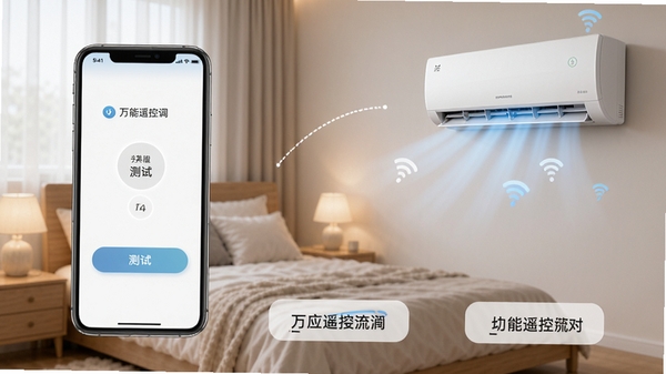 手机连接空调万能遥控的配对步骤演示图，手机屏幕显示测试按钮，旁边空调正响应指令，背景为卧室环境，画面清晰展示三步配对流程，色彩柔和，重点突出简便性