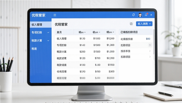 优税管家主界面预览图，展示清爽的蓝白配色布局，左侧功能导航栏清晰列出收入管理、专项扣除、税款计算等模块，中央区域显示某月的收入明细表格和已填报的扣除项目，背景为简约的办公桌面，整体风格专业、明亮，适合税务软件展示。